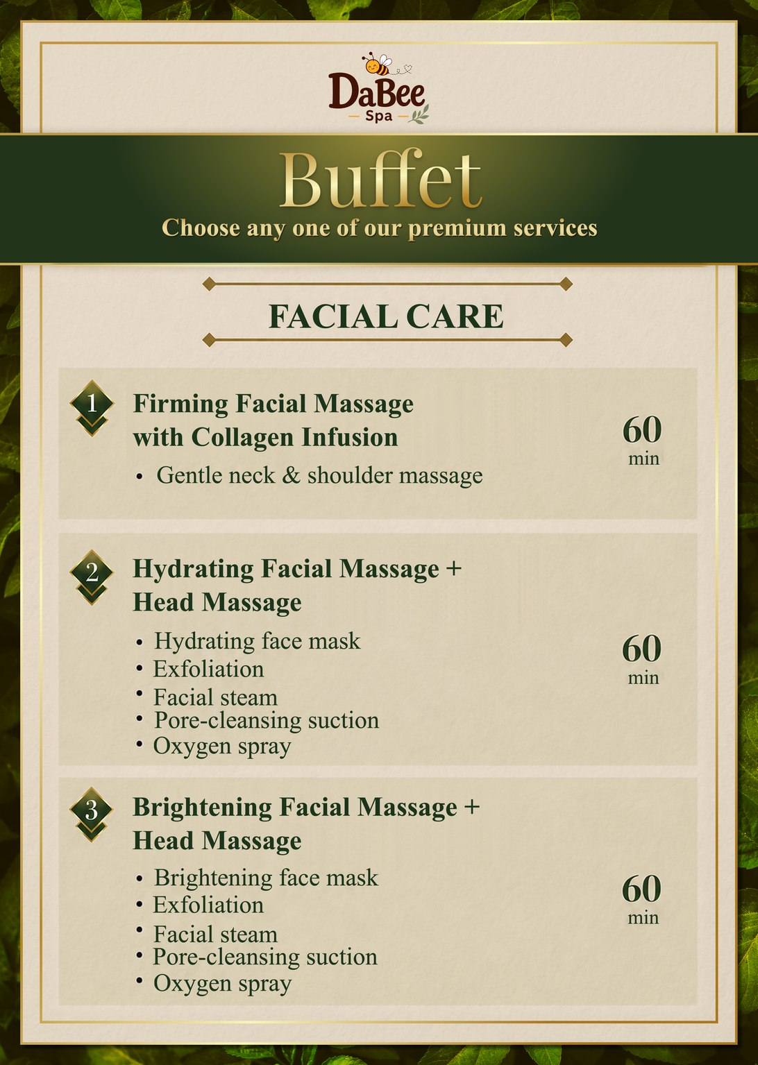 Buffet facial menu