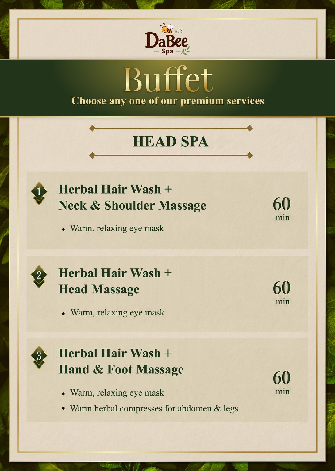 Buffet hair care menu