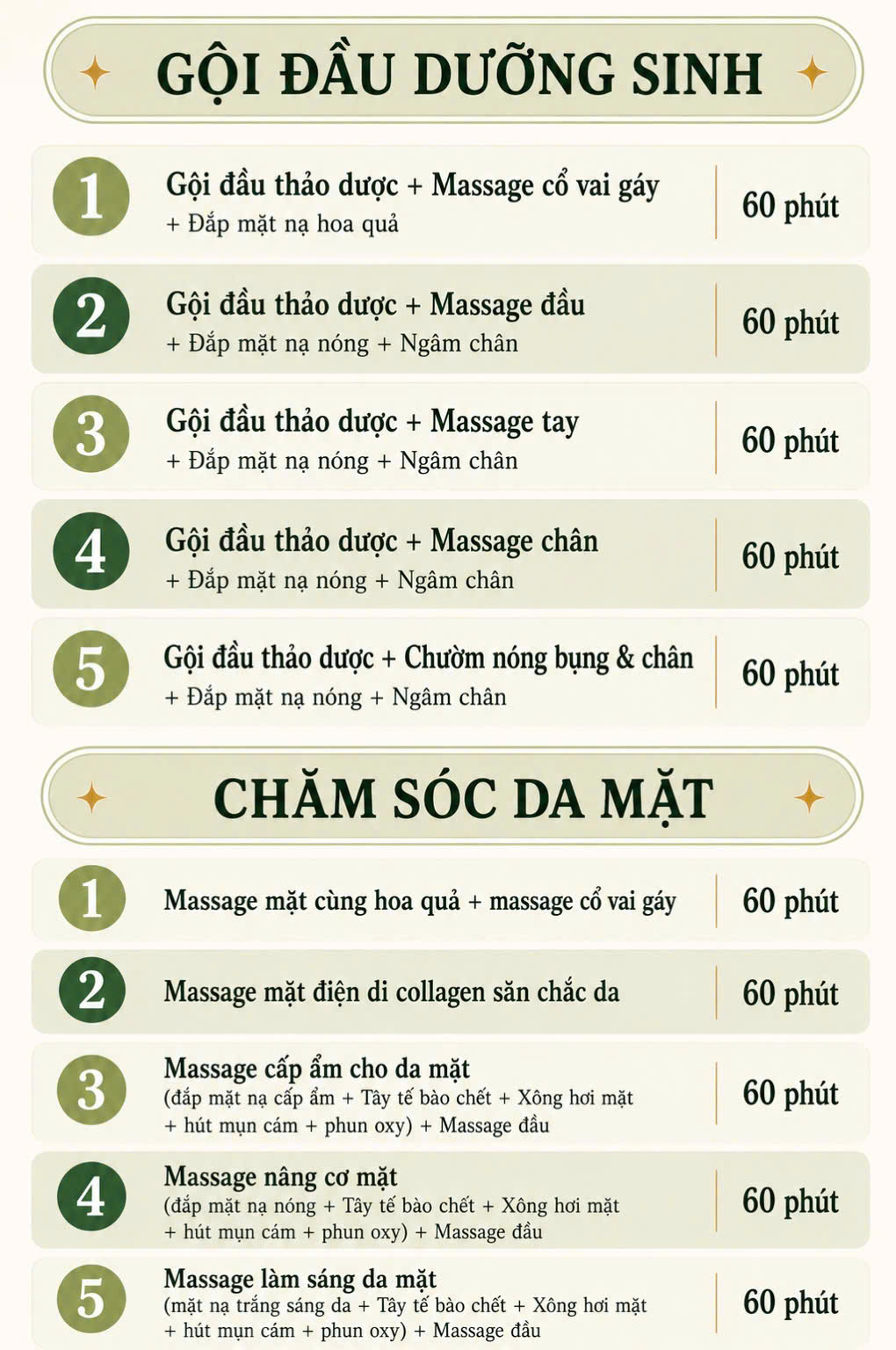 Menu Buffet Dabee Spa — Gội đầu dưỡng sinh, Chăm sóc da mặt