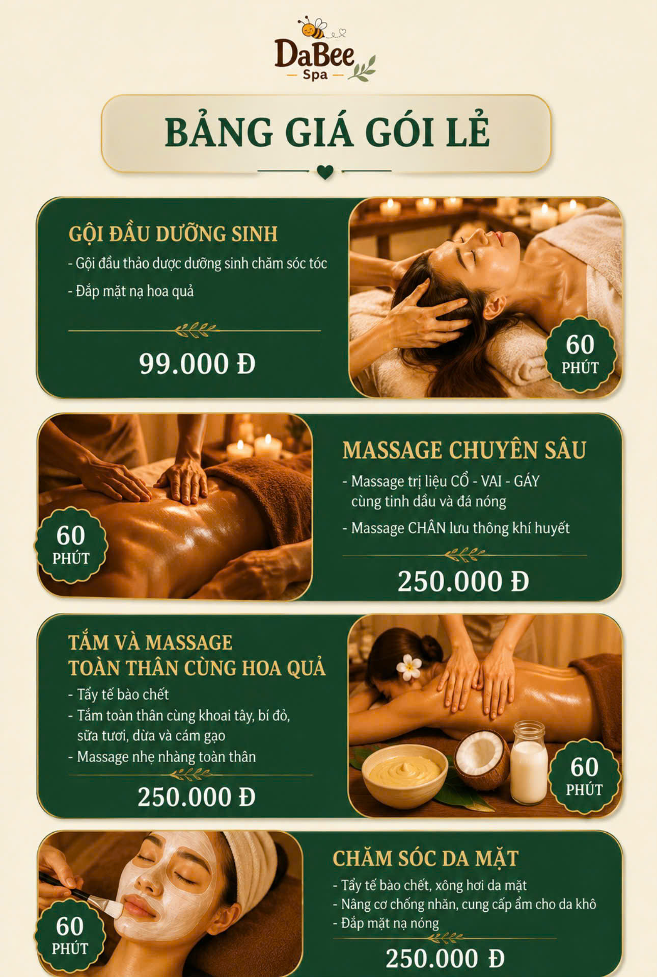 Bảng giá Gói lẻ Dabee Spa